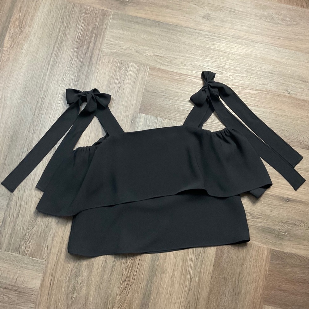Amanda Uprichard Top Womens Petite Small Black Ruffle Bow Tie Square Neck Ballet